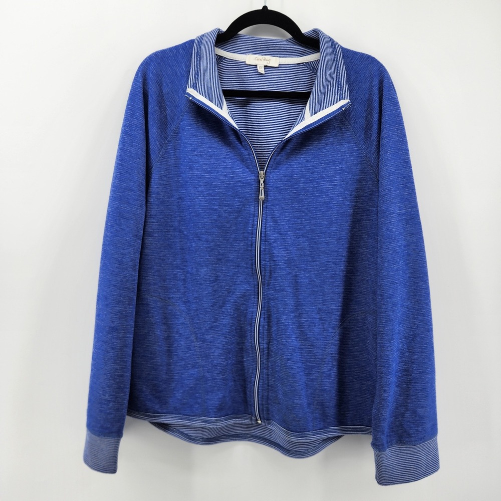 Coral Bay Womens XL Full Zip Jacket Blue White Striped Collared Pockets